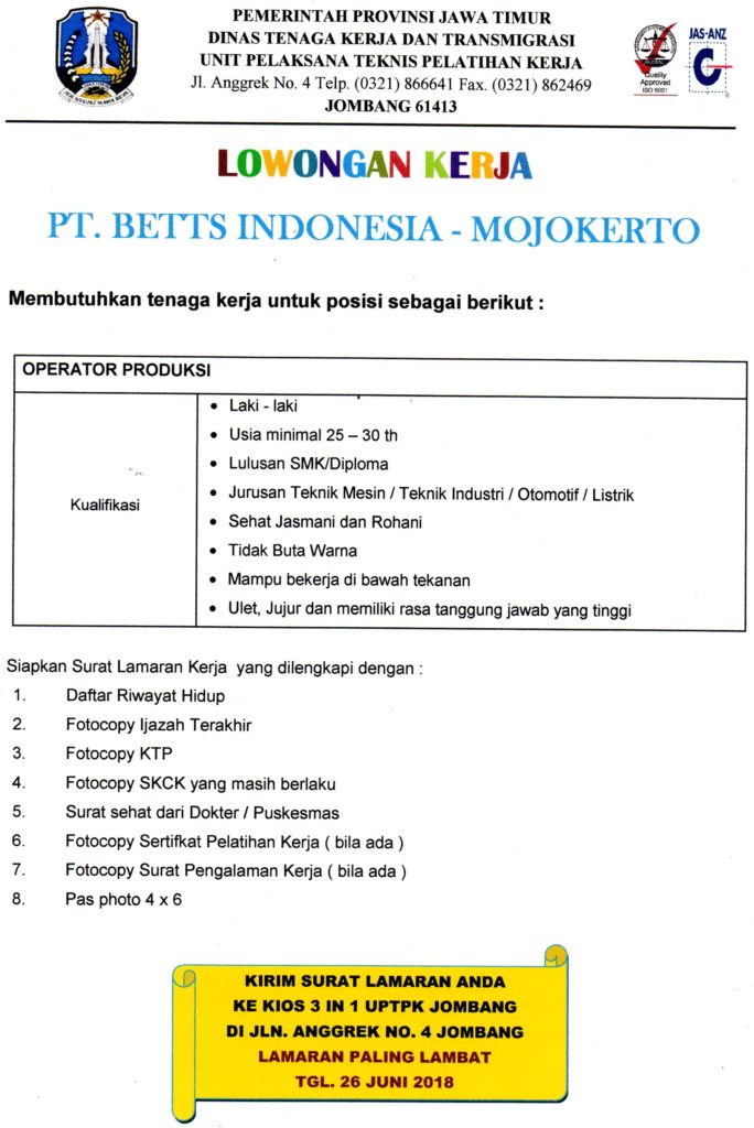 Pt Betts Indonesia Mojokerto Upt Blk Di Jombang